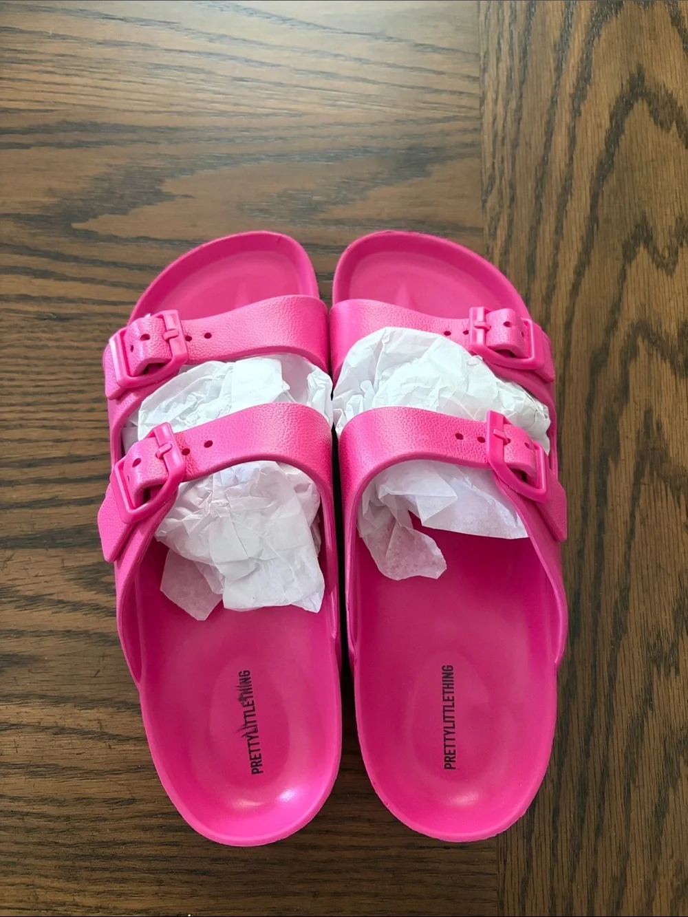 PrettyLittleThing Neon Pink Double Buckle Slide Sandals Size 6 but fits a 7